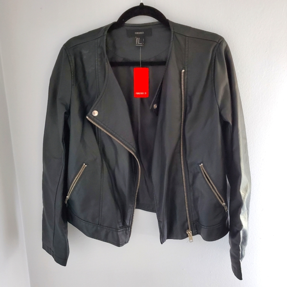 Forever 21 Faux Leather Zip Up Jacket, Black, M